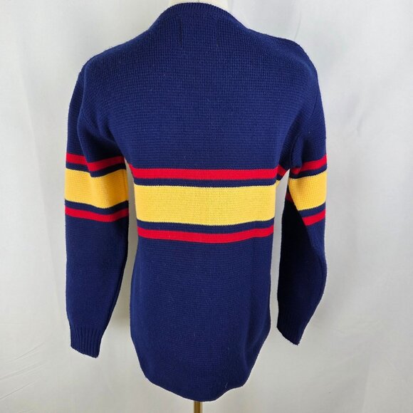Vintage 80s Jersild Knit Crewneck Sweater Size 38 Navy Red Yellow Stripes Preppy - Picture 4 of 7